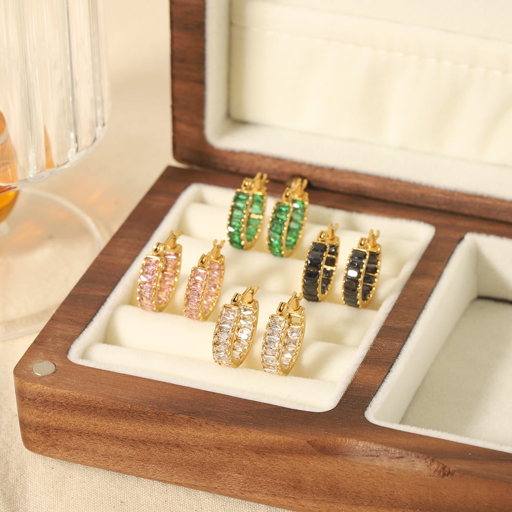 1 pair of elegant and fashionable  gold-plated stainless steel colorful rectangular zircon hoop earrings for women jewelry daily wear Picture4