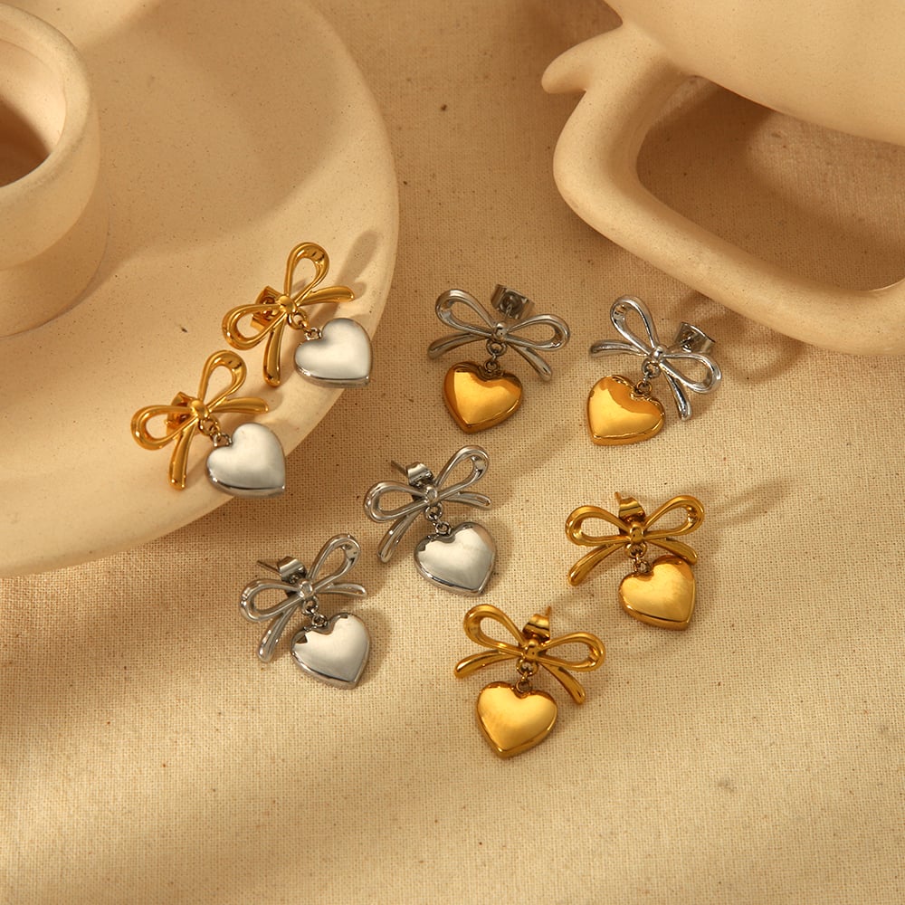 1 pair of creative and fashionable  gold-plated stainless steel color matching bow pendant earrings for women's jewelry for daily wear Picture3