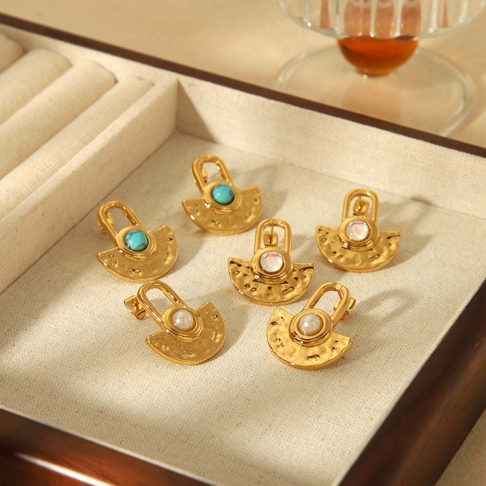 1 pair of personalized fashion  gold-plated stainless steel geometric hammered natural stone earrings for women's daily wear Picture4