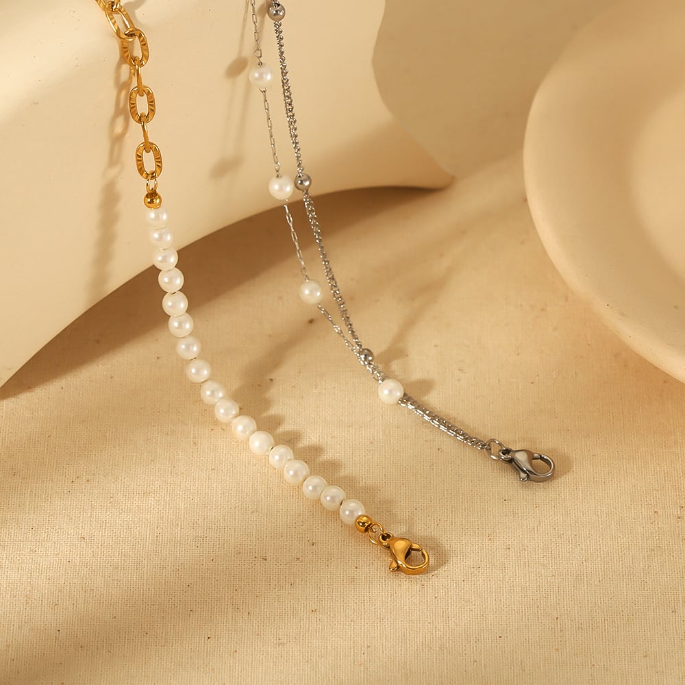 1 pezzo di squisito ed elegante bracciale a catena di perle a doppio strato in acciaio inossidabile placcato oro 18k per gioielli da donna da indossare ogni giorno h5Immagine4