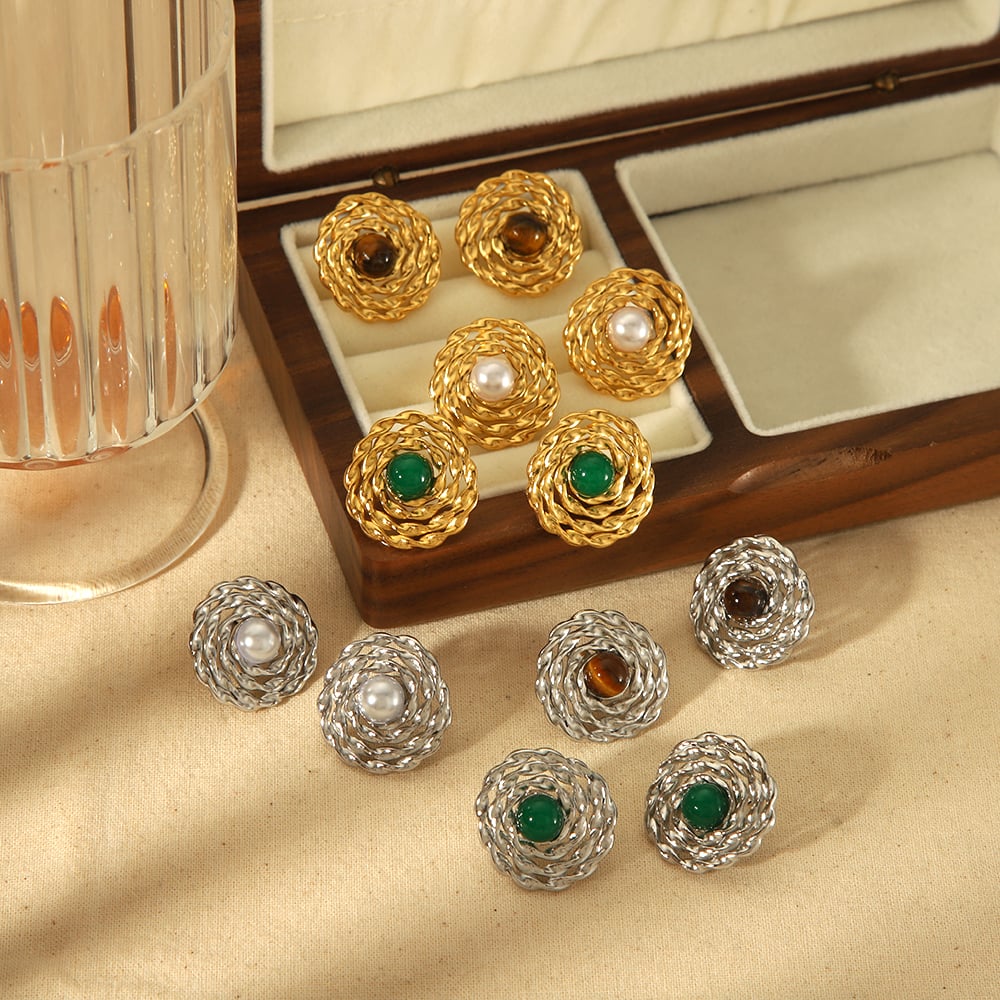 1 pair of classic simple  gold-plated stainless steel geometric hollow tiger eye stone pearl earrings for women's daily wear Picture4