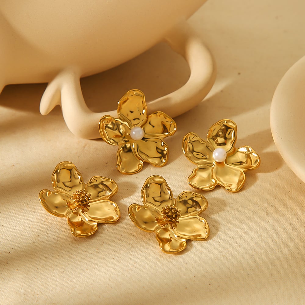 1 pair of personalized fashion  gold-plated stainless steel hammered flower earrings for women's daily wear Picture5