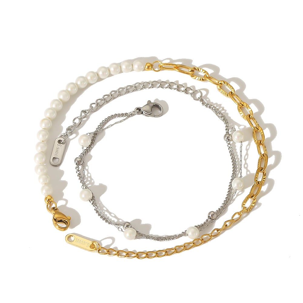 1 pezzo di squisito ed elegante bracciale a catena di perle a doppio strato in acciaio inossidabile placcato oro 18k per gioielli da donna da indossare ogni giorno Immagine5