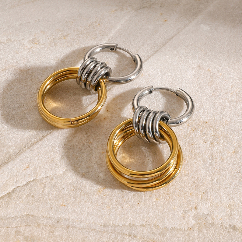 stainless steel earrings color matching polished steel ring hanging three rings titanium steel earrings Picture4