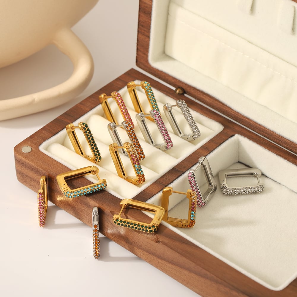 1 pair of stylish simple  gold-plated stainless steel colored zircon rectangular earrings for women for daily wear Picture4