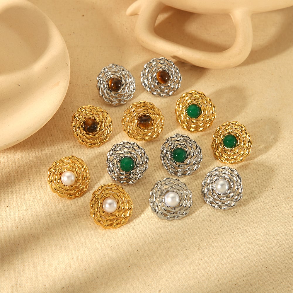 1 pair of classic simple  gold-plated stainless steel geometric hollow tiger eye stone pearl earrings for women's daily wear Picture3