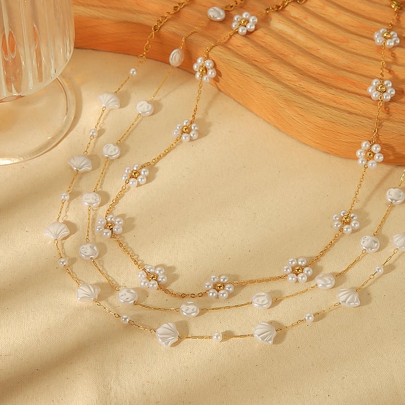1 Pair 1 piece exquisite fashion  gold-plated stainless steel pearl flower shell necklace women's jewelry daily wear Women Chain necklaces h5Picture3