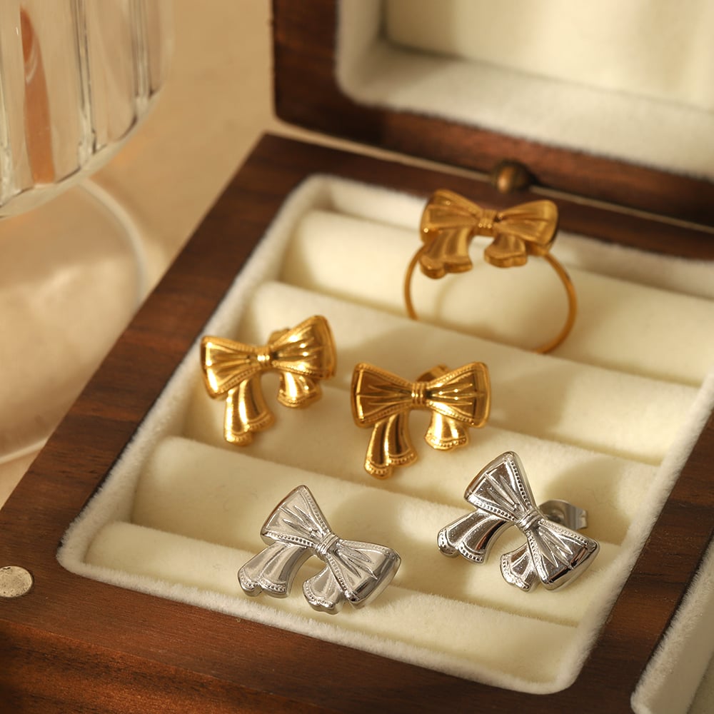 1 pair simple series sweet bow knot stainless steel  gold plated women stud earrings Picture3