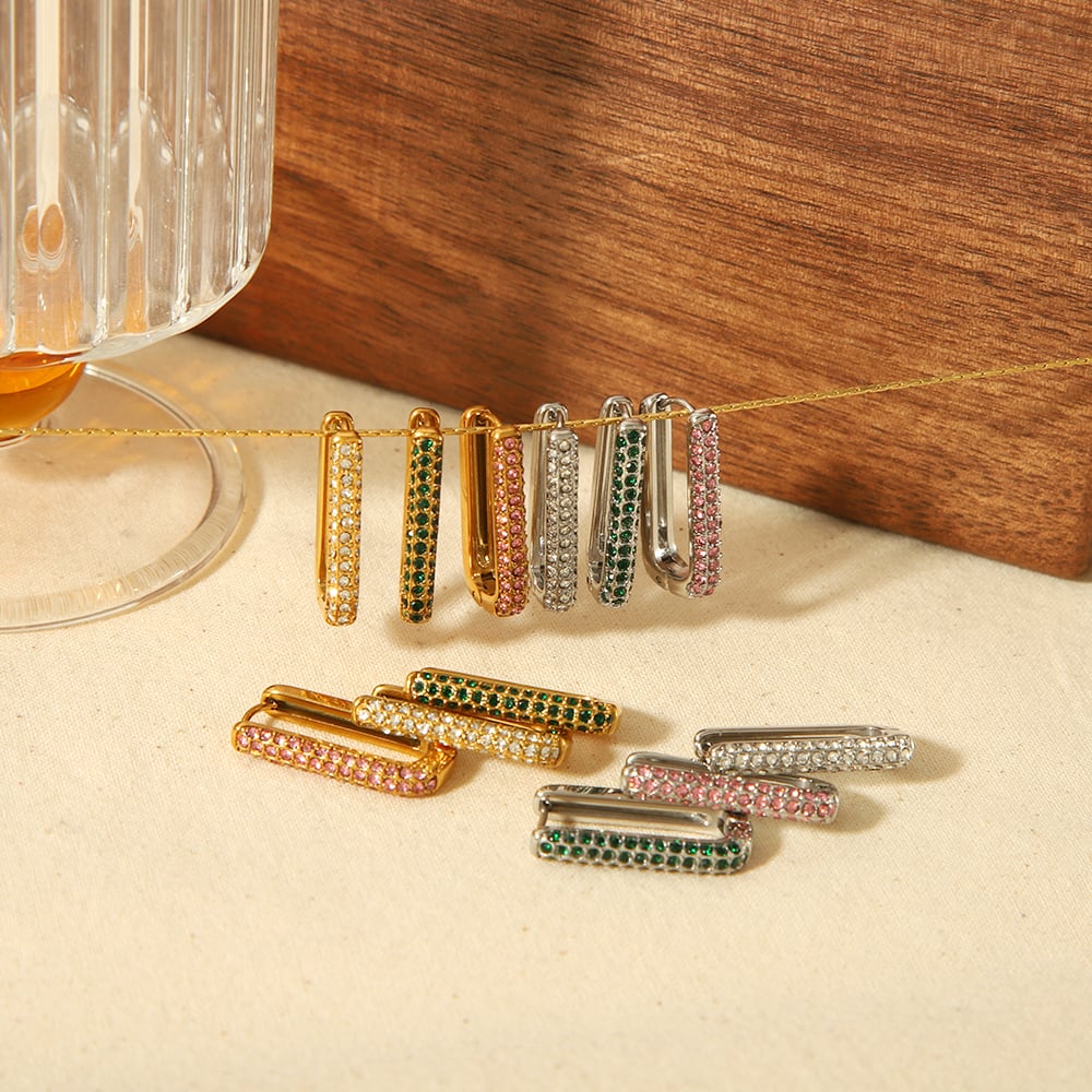 1 pair simple series classic geometric stainless steel  gold plated rhinestone women hoop earrings Picture3