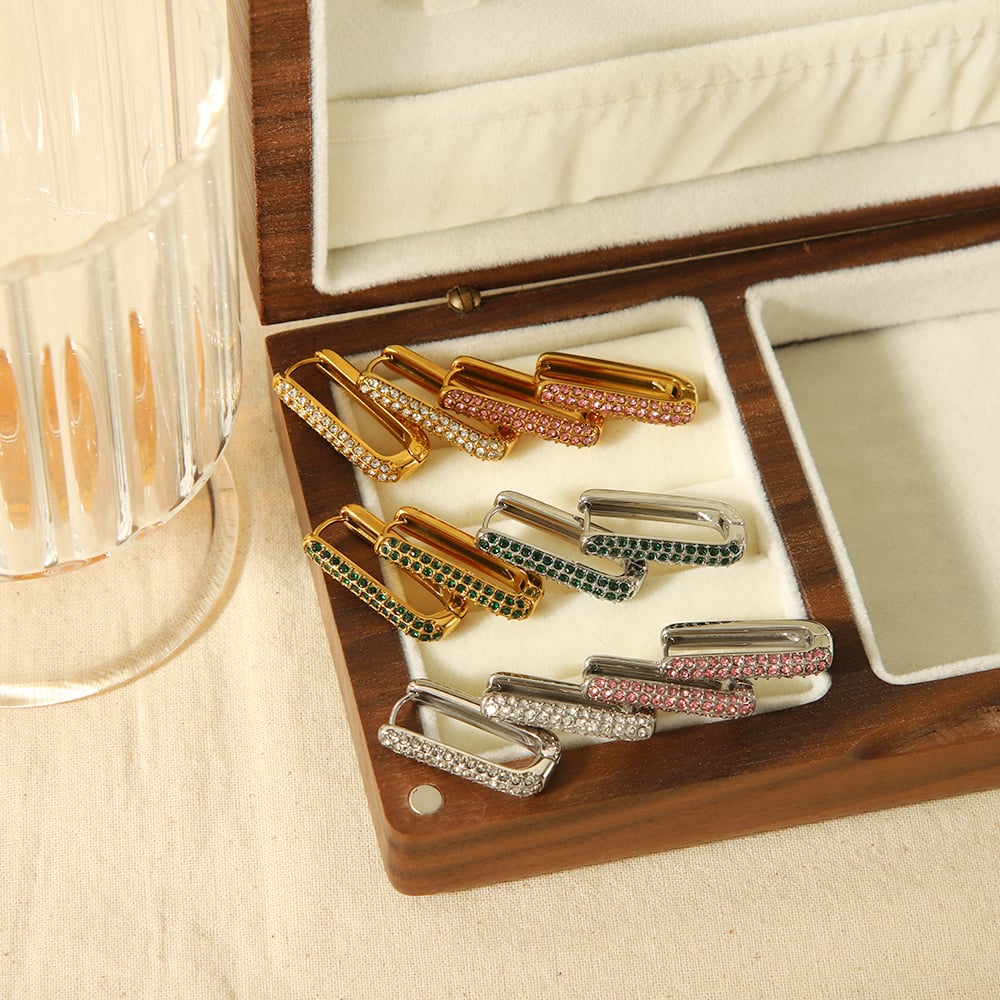 1 pair simple series classic geometric stainless steel  gold plated rhinestone women hoop earrings Picture4