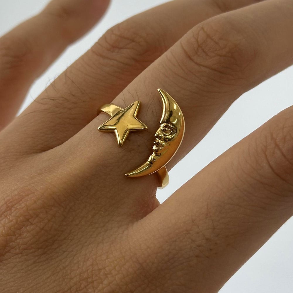 1 piece simple casual style moon and pentagram shape stainless steel  gold plated women's adjustable ring h5Picture6