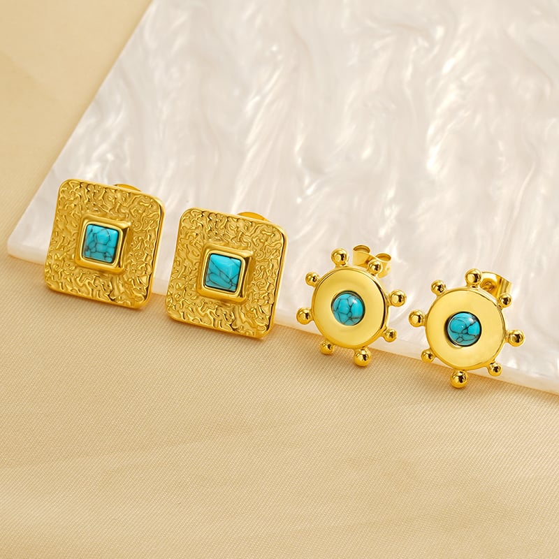 1 pair simple retro style geometric shape stainless steel  gold plated inlay turquoise women's stud earrings h5Picture8