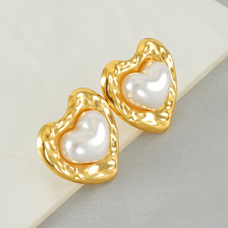 1 pair light-luxury casual style oval heart shape stainless steel  gold plated inlay artificial pearl women's stud earrings h5Picture7