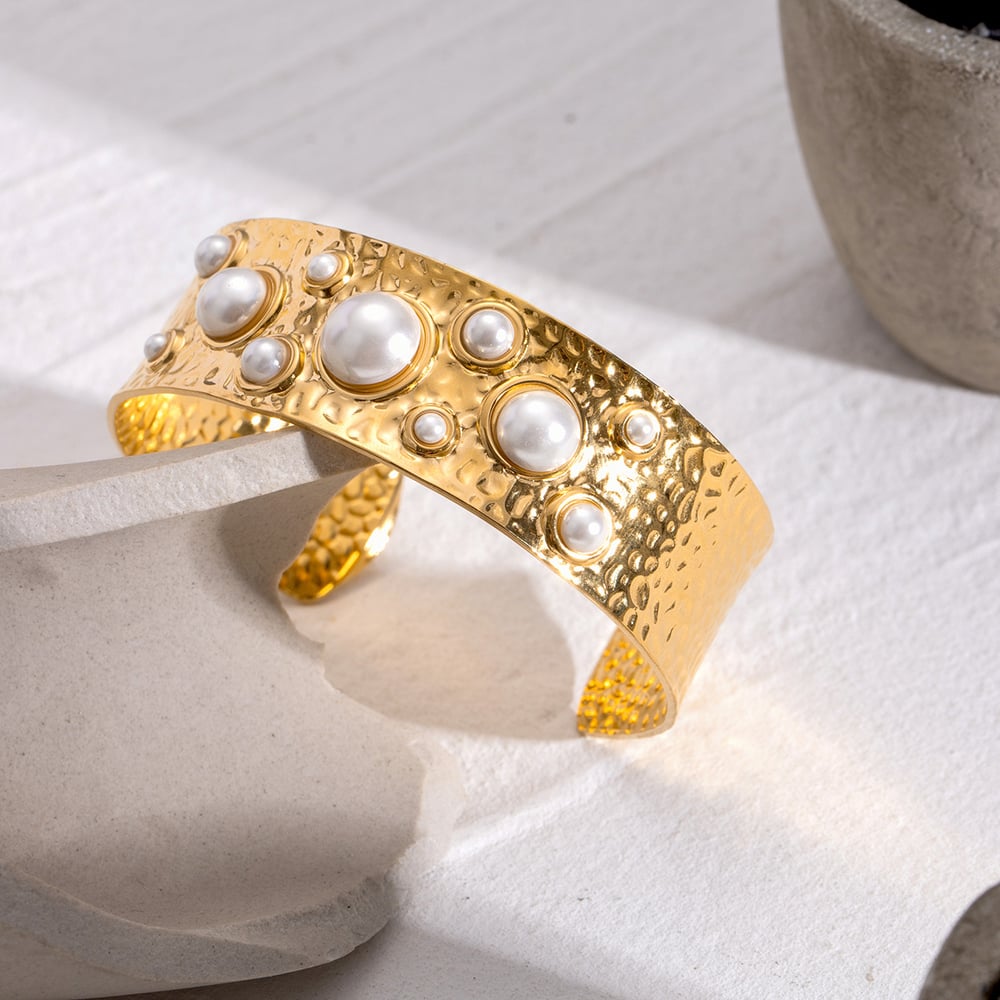 1 piece simple series retro geometric stainless steel  gold plated artificial pearl women bangles Picture3