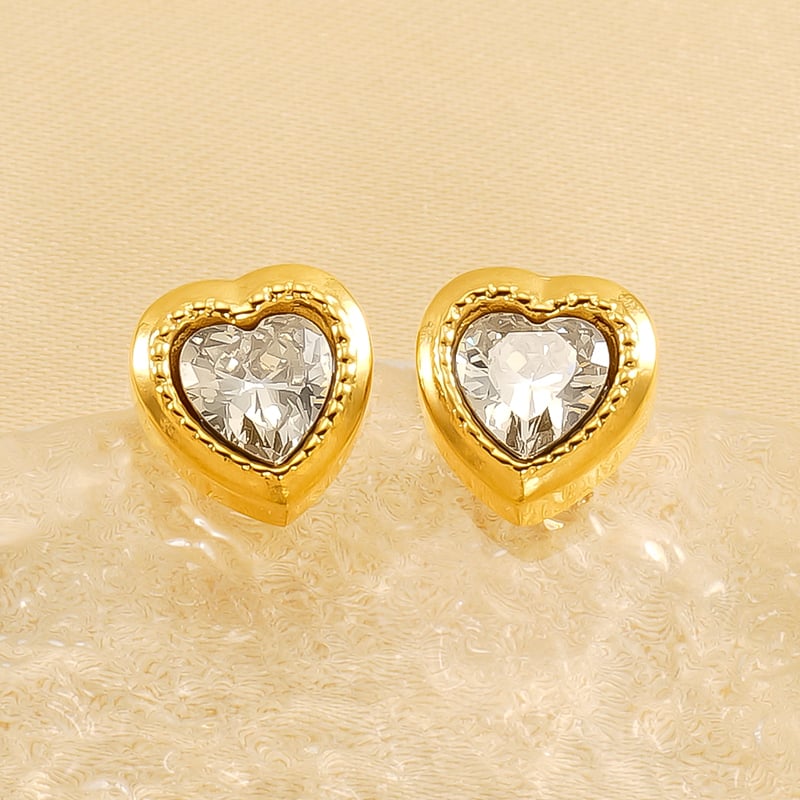 1 pair romantic sweet style heart shape stainless steel  gold plated inlay zircon women's stud earrings Picture9