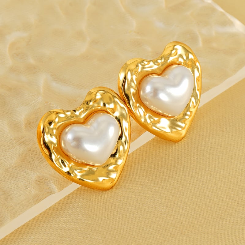 1 pair light-luxury casual style oval heart shape stainless steel  gold plated inlay artificial pearl women's stud earrings h5Picture10