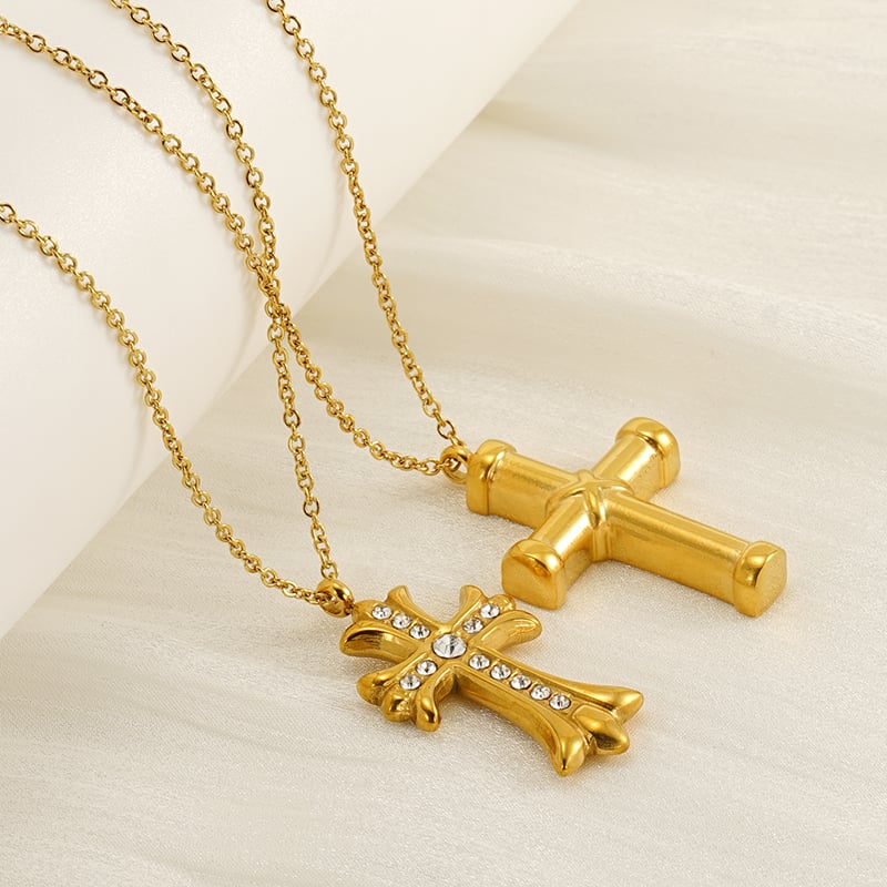 1 piece  style cross shape titanium steel gold plated inlay rhinestone women's pendant necklace Picture8