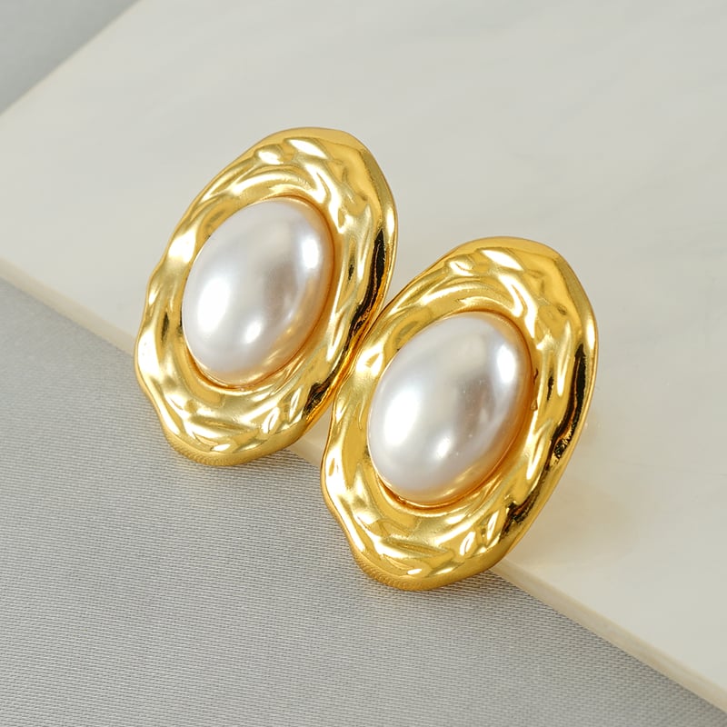 1 pair light-luxury casual style oval heart shape stainless steel  gold plated inlay artificial pearl women's stud earrings h5Picture8