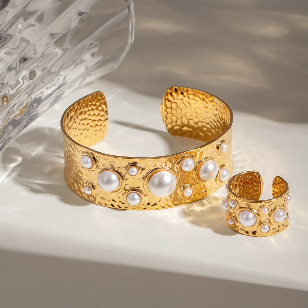 1 piece simple series retro geometric stainless steel  gold plated artificial pearl women bangles Picture5