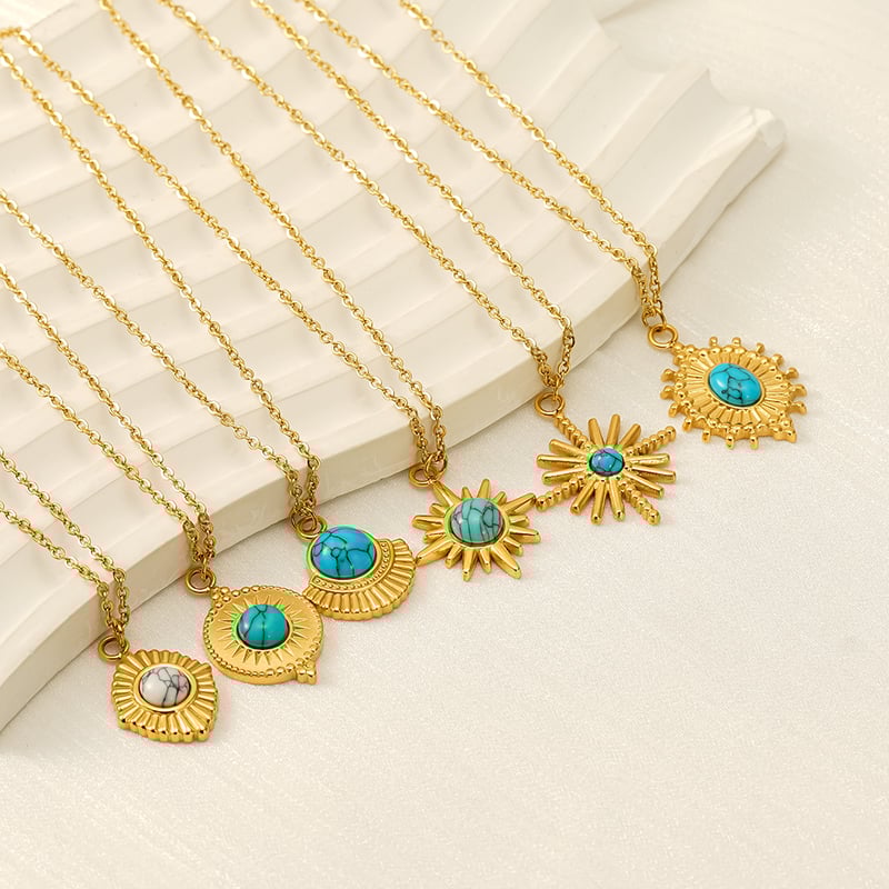 1 piece classic retro style geometric shape stainless steel  gold plated inlay turquoise women's pendant necklace h5Picture7