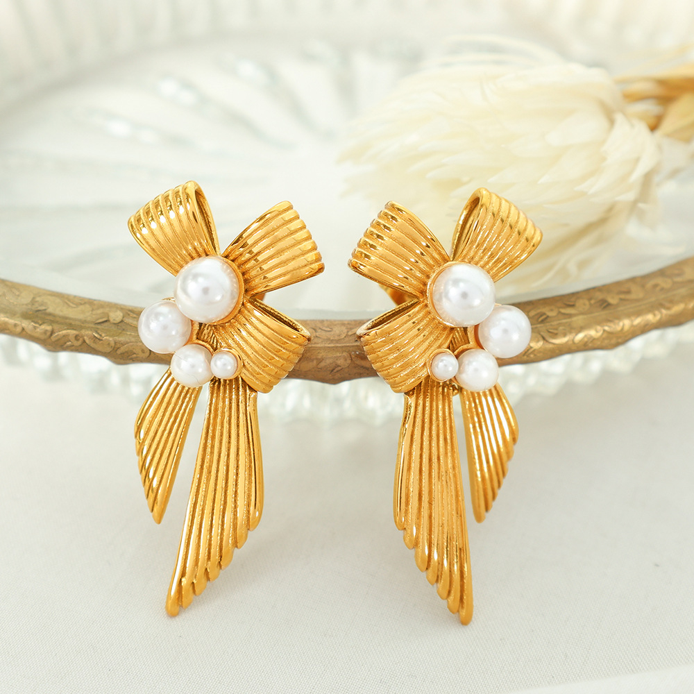 1 pair classic series retro bow knot stainless steel  gold plated artificial pearl women drop earrings h5Picture6