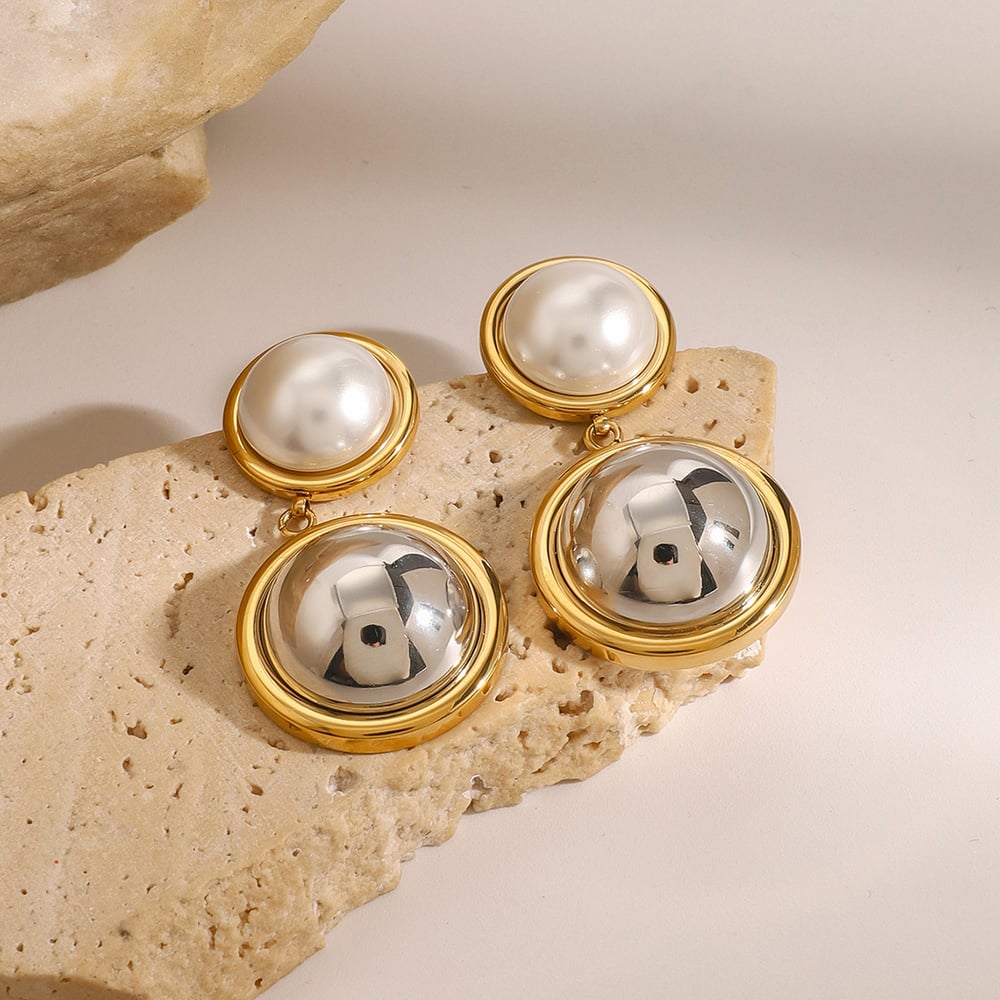 1 pair simple series  round stainless steel  gold plated artificial pearl women drop earrings Picture4