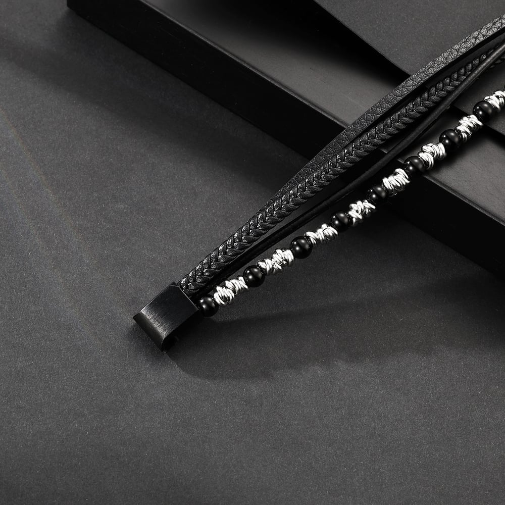 1 paio di braccialetti da uomo in pelle con perline retrò, semplici e naturali Immagine4