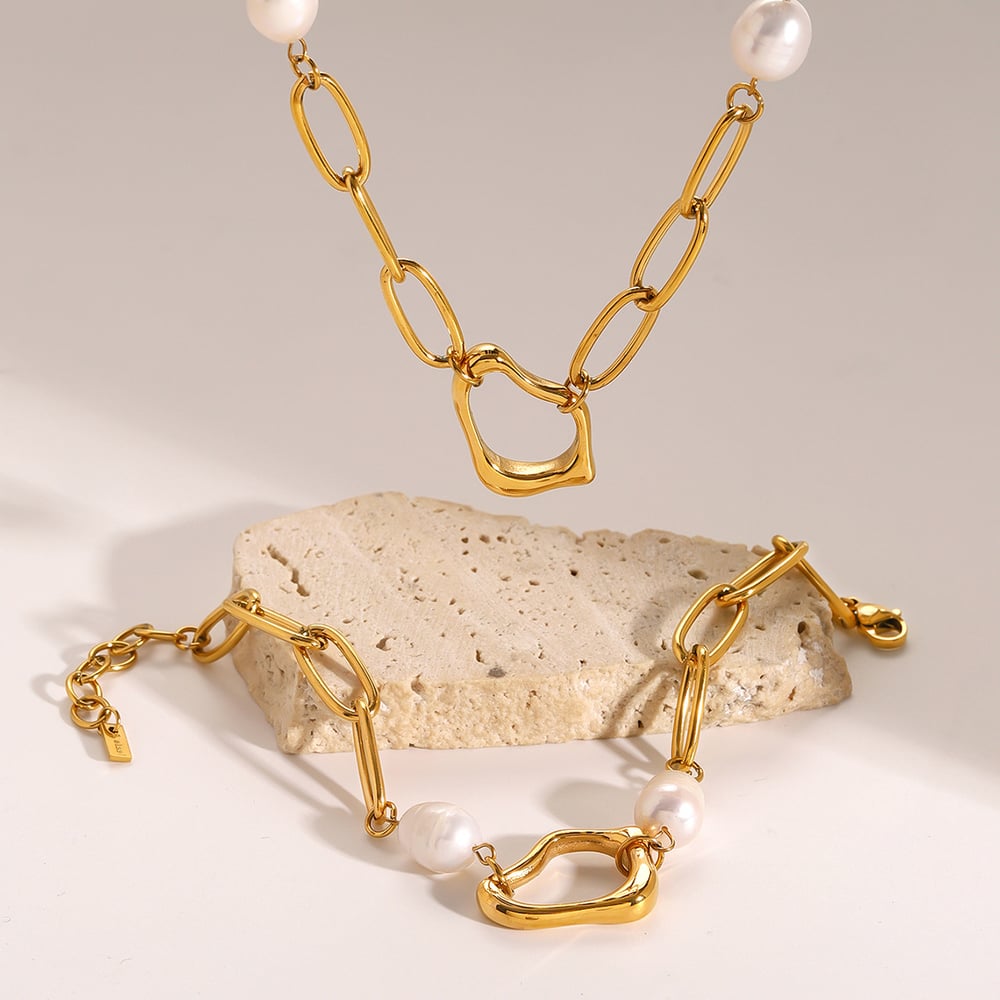 1 Stück Simple Series Elegante geometrische Edelstahl 18 Karat vergoldete Kunstperlen Damen Kettenarmbänder h5Bild4