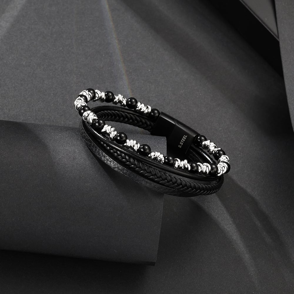 1 paio di braccialetti da uomo in pelle con perline retrò, semplici e naturali Immagine2