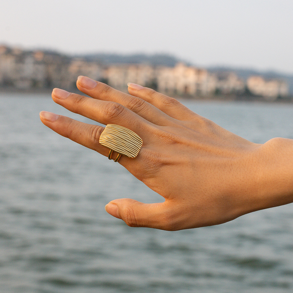 1 pair simple series  quadrilateral stainless steel  gold plated women single rings Picture3
