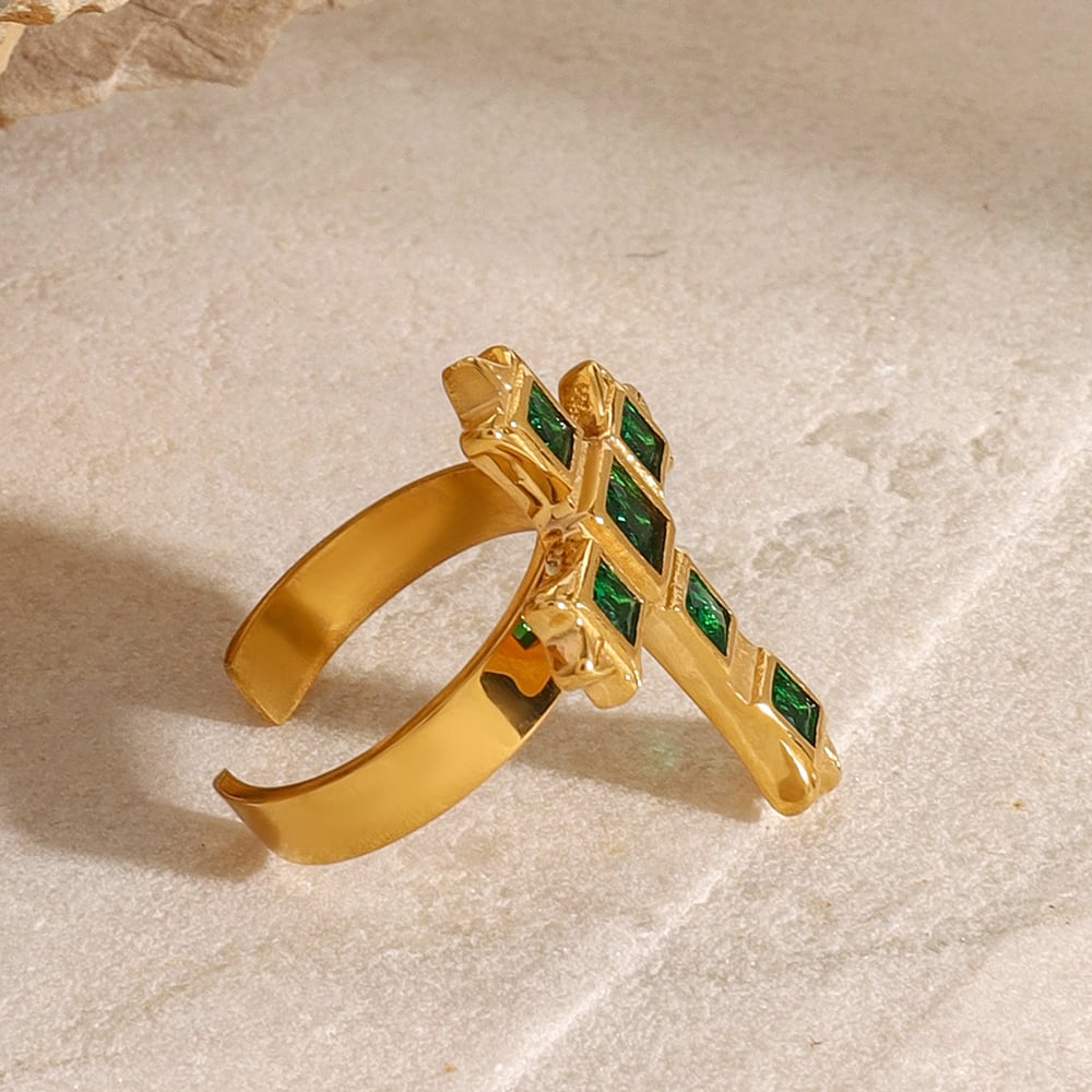 1 paio di anelli da donna regolabili in acciaio inossidabile placcato oro con croce retrò della serie classica h5Immagine4