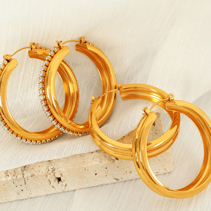 1 pair simple series classic solid color stainless steel  gold plated zircon women hoop earrings Picture4