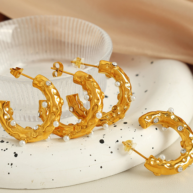 1 paire de boucles d'oreilles créoles rétro géométriques en acier inoxydable plaqué or  avec strass pour femme h5Image7