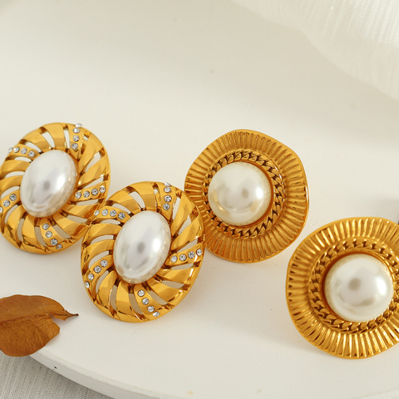 1 paire de boucles d'oreilles à tige géométriques rétro en acier inoxydable plaqué or  avec strass pour femme, série classique h5Image4