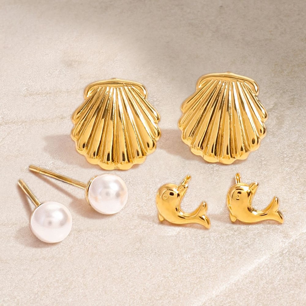1 pair simple series  turtle stainless steel  gold plated artificial pearl women earrings set h5Picture3
