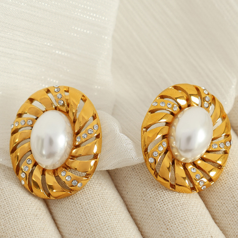 1 paire de boucles d'oreilles à tige géométriques rétro en acier inoxydable plaqué or  avec strass pour femme, série classique h5Image5