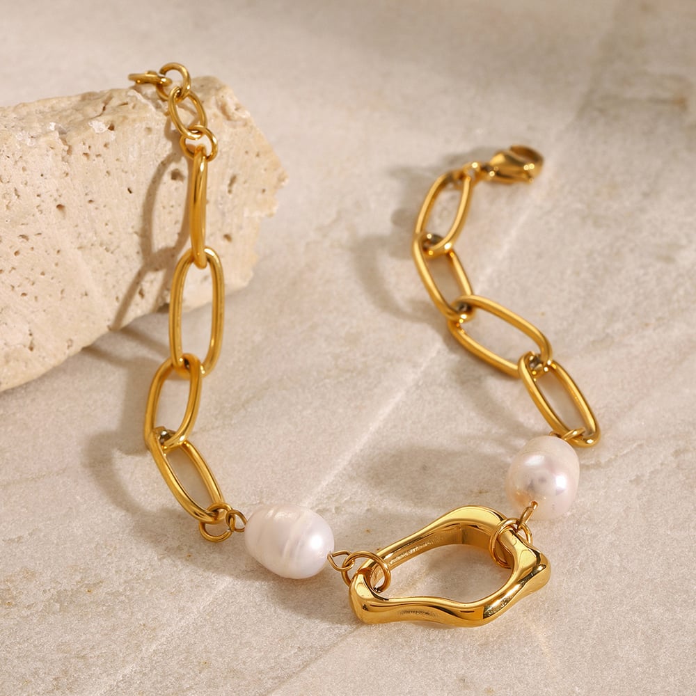 1 Stück Simple Series Elegante geometrische Edelstahl 18 Karat vergoldete Kunstperlen Damen Kettenarmbänder h5Bild2