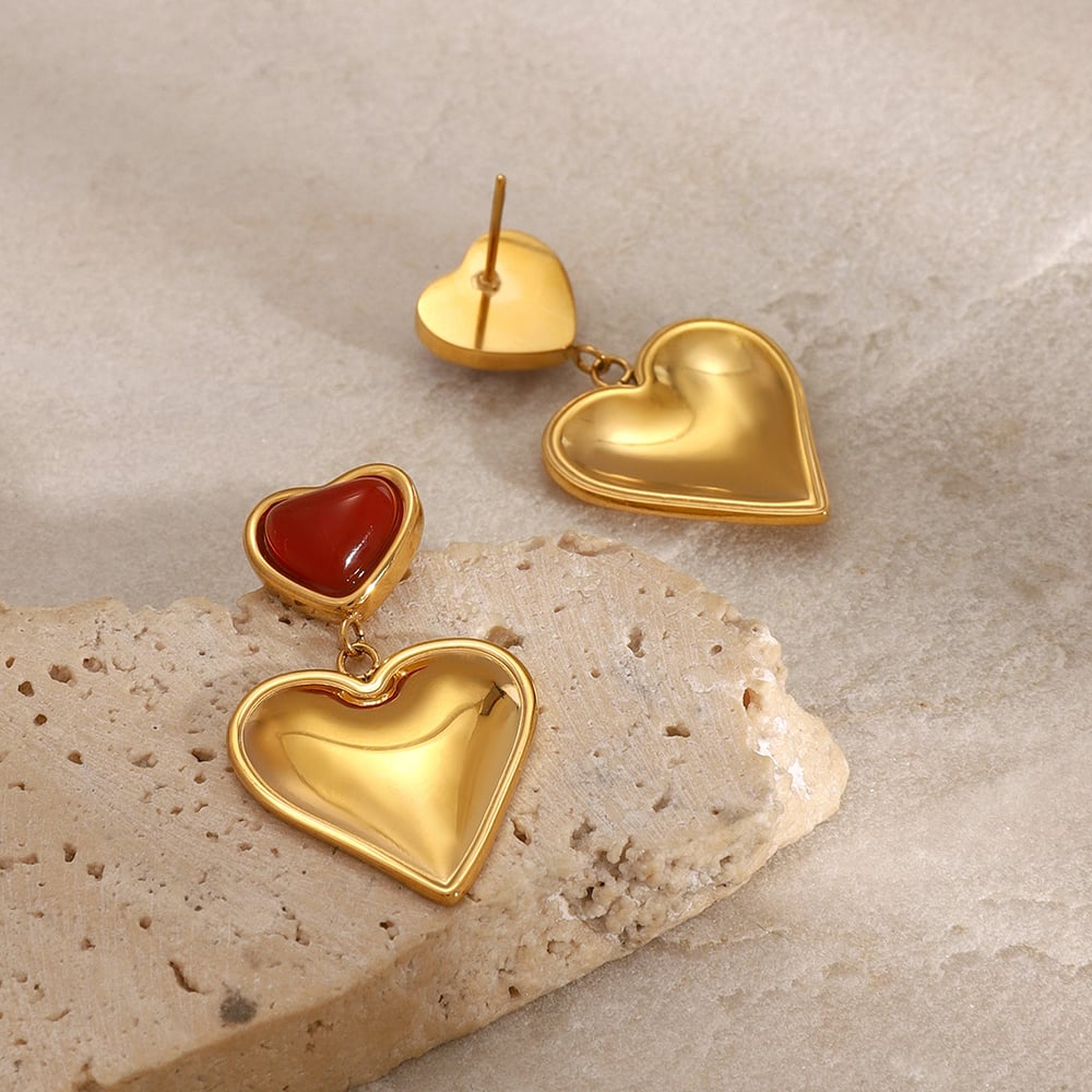 1 pair classic series sweet heart stainless steel  gold plated artificial gemstone women drop earrings h5Picture3