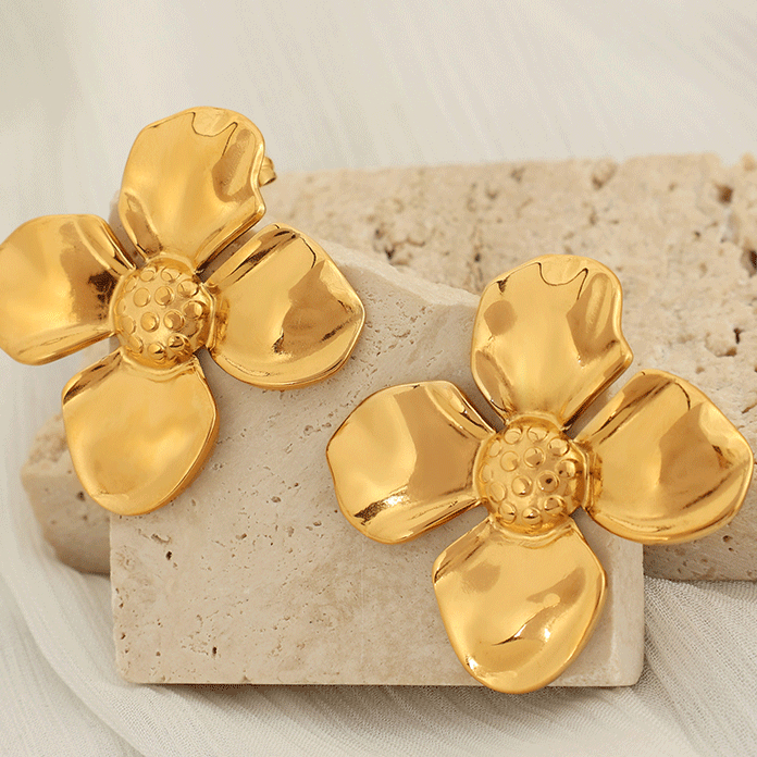 1 pair simple series retro flower stainless steel  gold plated women stud earrings h5Picture8