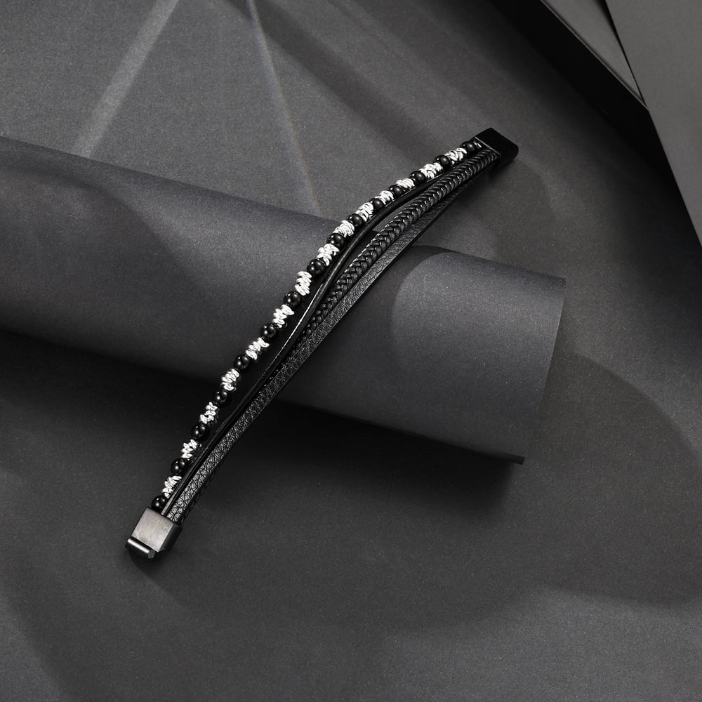 1 paio di braccialetti da uomo in pelle con perline retrò, semplici e naturali Immagine3