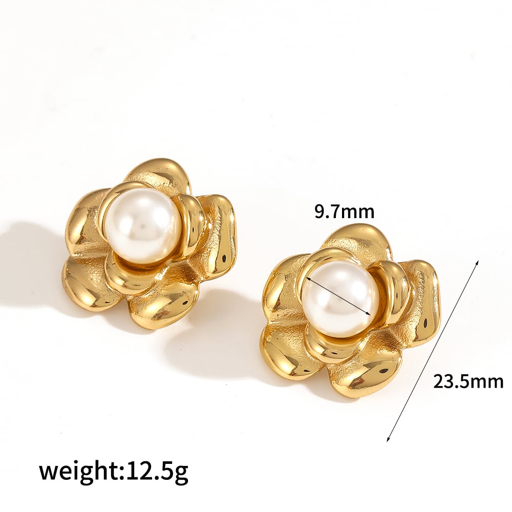 1 pair classic series elegant flower stainless steel  gold plated artificial pearl women stud earrings Picture6