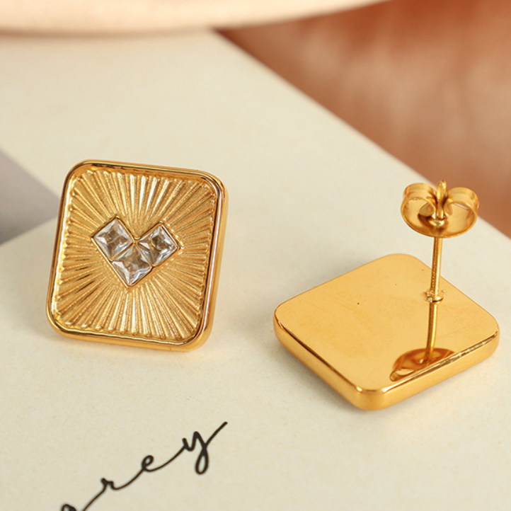 1 pair simple series retro heart stainless steel  gold plated zircon women stud earrings Picture5
