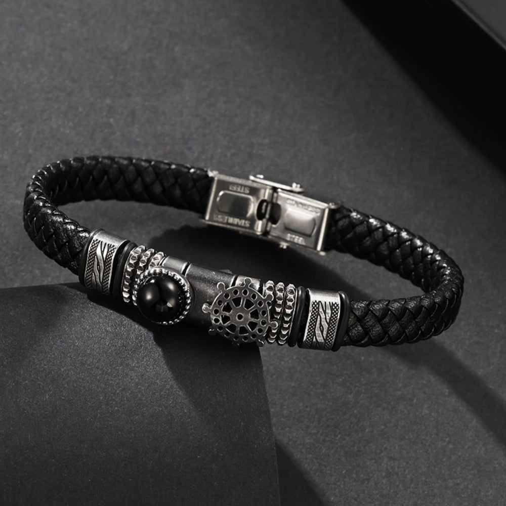 1 paio di bracciali da uomo in pelle con pietre naturali e geometrici retrò, serie etnica h5Immagine2