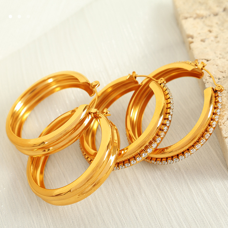 1 pair simple series classic solid color stainless steel  gold plated zircon women hoop earrings Picture5