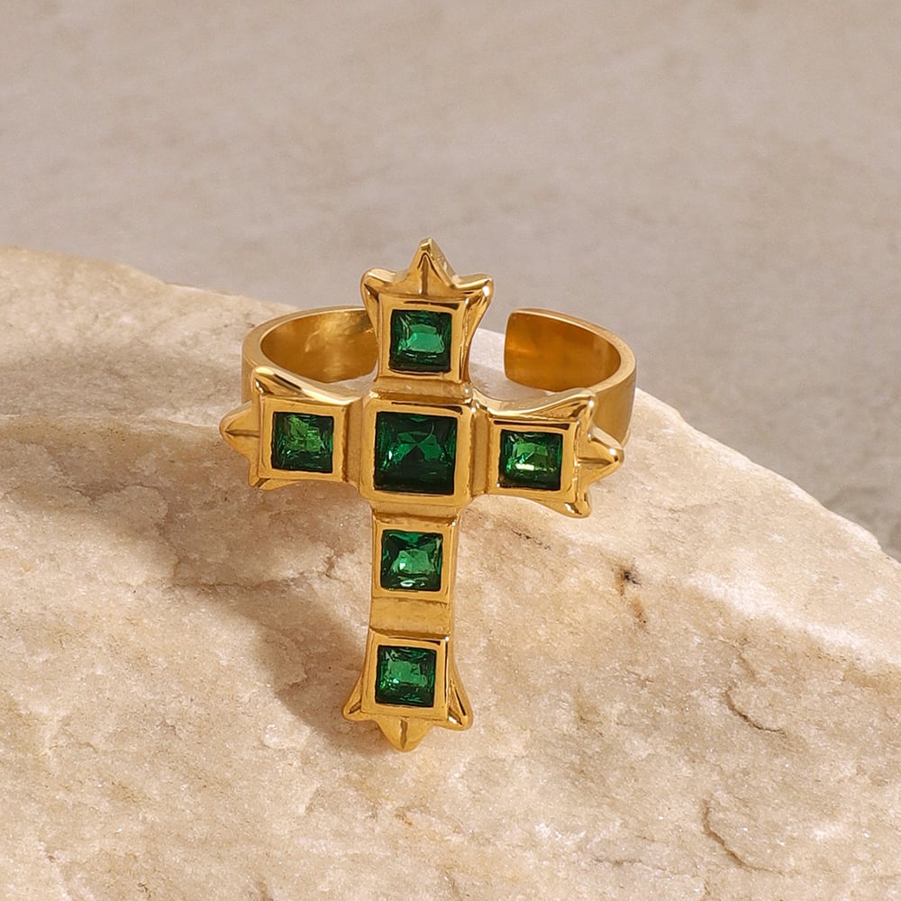 1 paio di anelli da donna regolabili in acciaio inossidabile placcato oro con croce retrò della serie classica h5Immagine3