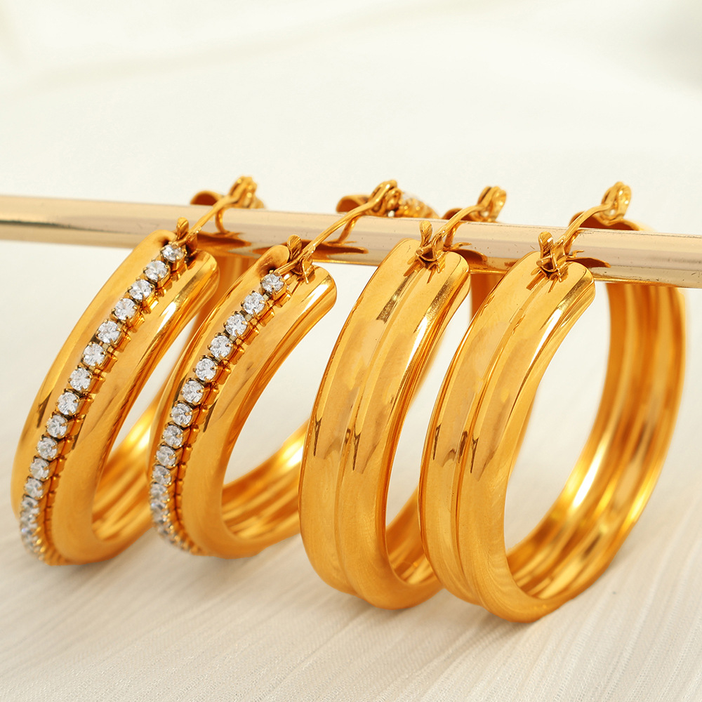 1 pair simple series classic solid color stainless steel  gold plated zircon women hoop earrings Picture6