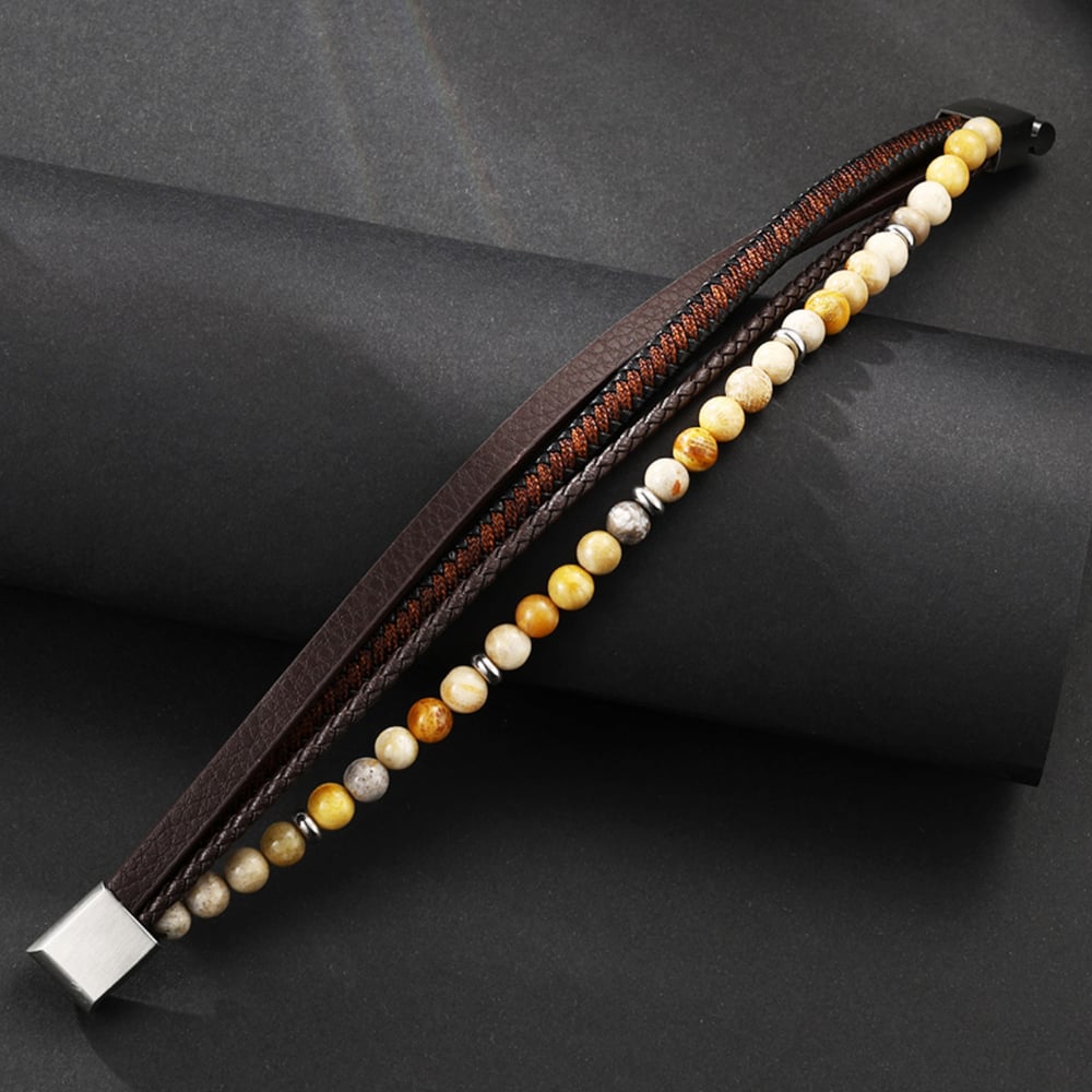 1 paio di braccialetti da uomo in pelle con perline etniche della serie etnica e pietra naturale Immagine5