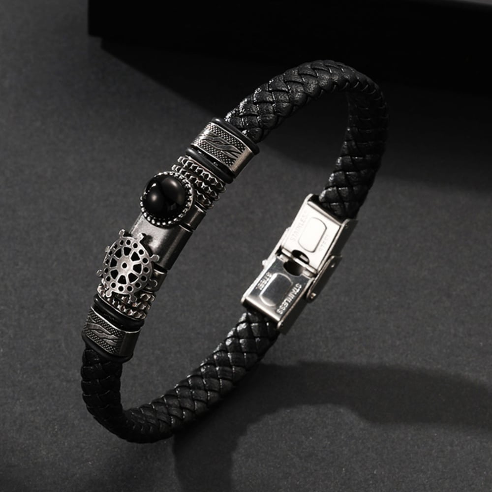 1 paio di bracciali da uomo in pelle con pietre naturali e geometrici retrò, serie etnica h5Immagine4