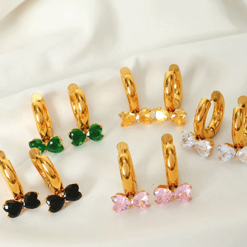 1 pair romantic series sweet bowknot stainless steel  gold color plated zircon women's drop earrings Picture3