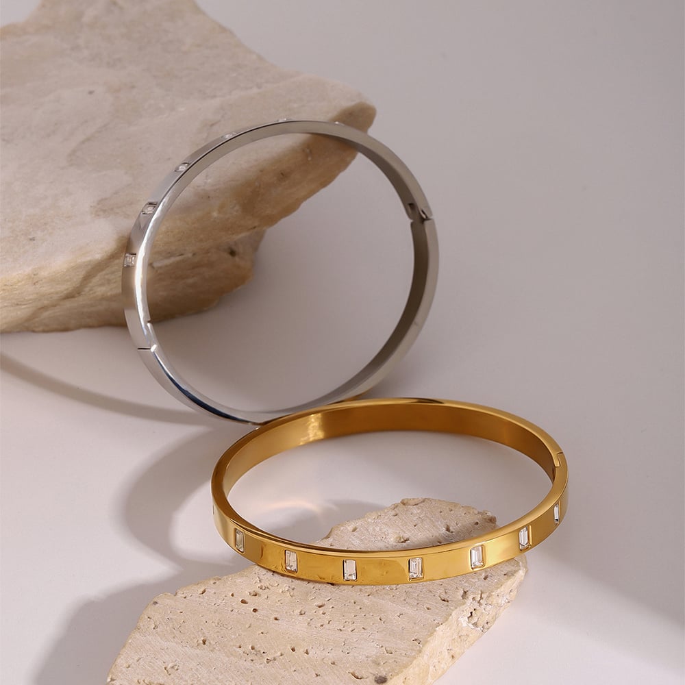 1 piece simple series casual annular stainless steel  gold plated rhinestone women bangles h5Picture4